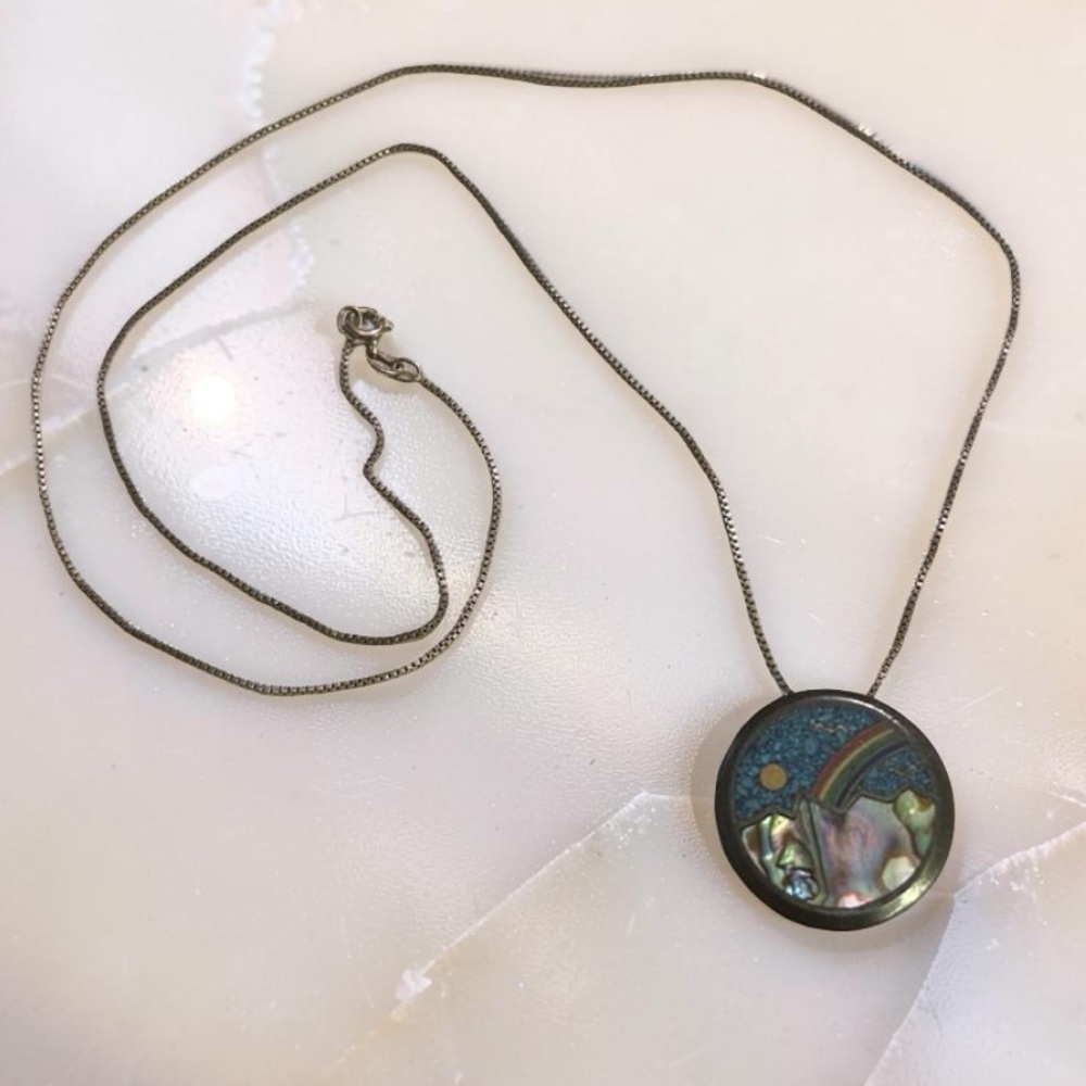 Vintage 1970’s Taxco Sterling Silver Inlay Mountain Landscape Pendant Necklace